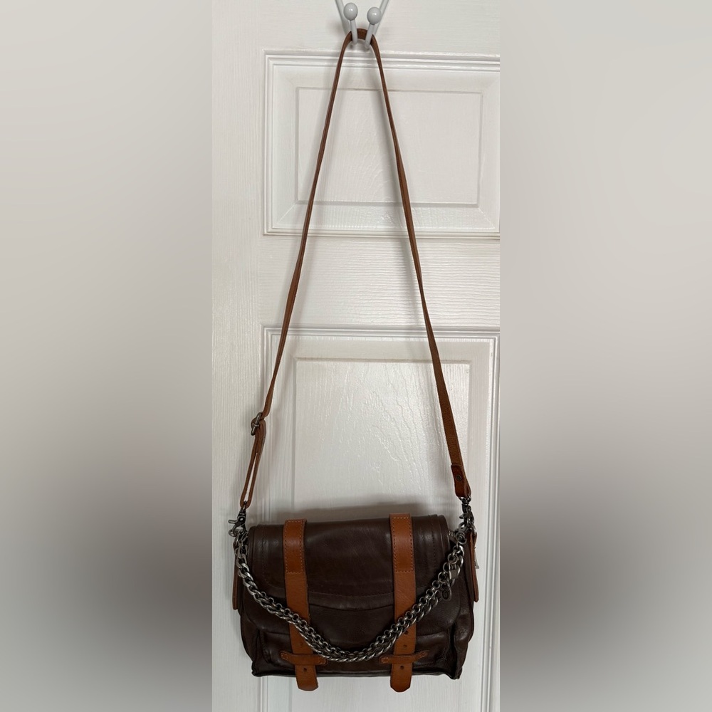 A.S.98 Brown and Tan Leather Crossbody Bag with Chain Detail